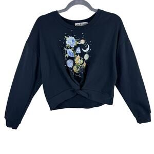 Cut & Paste Black Floral Astrology Planets Cropped Pullover Sweatshirt Size M